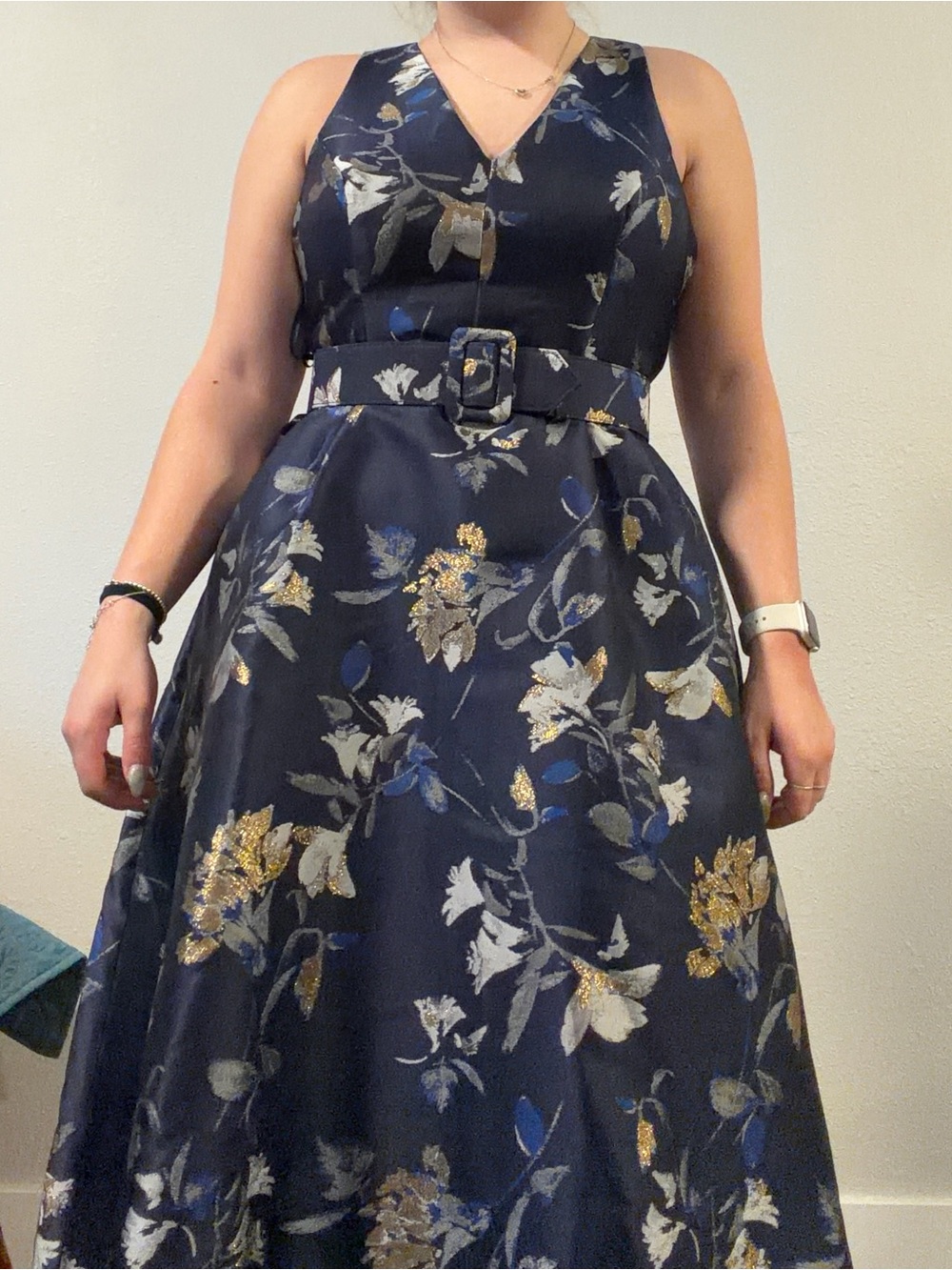 1901 Navy Floral V-Neck Belted Maxi Dress with Gold Accents